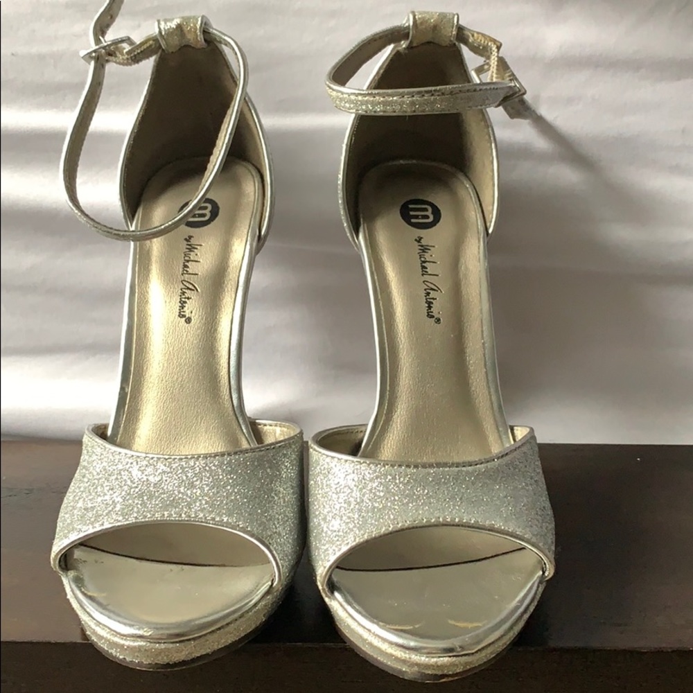 Sparkly silver ankle strap platforms